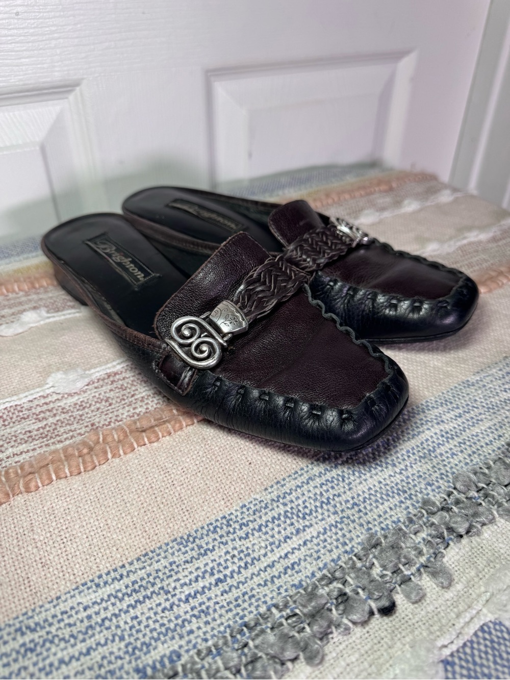 Brighton Braided Leather Mule in Dark Brown and Black with Silver Accent